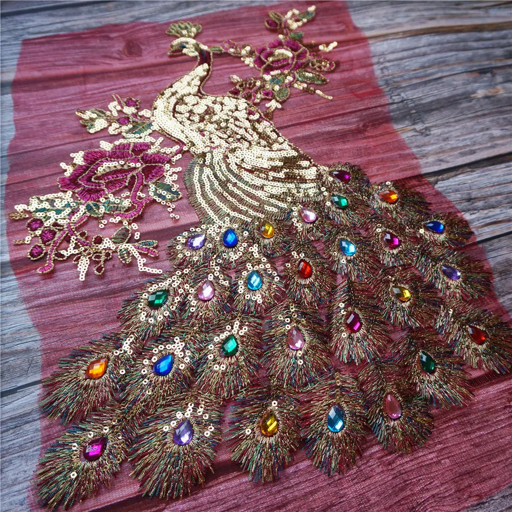 Sequin Peacock Rainbow Rhinestone Feather Tail Embroidered Gown Appliques Lace Fabric Red Mesh Sew Patch For Wedding Decoration