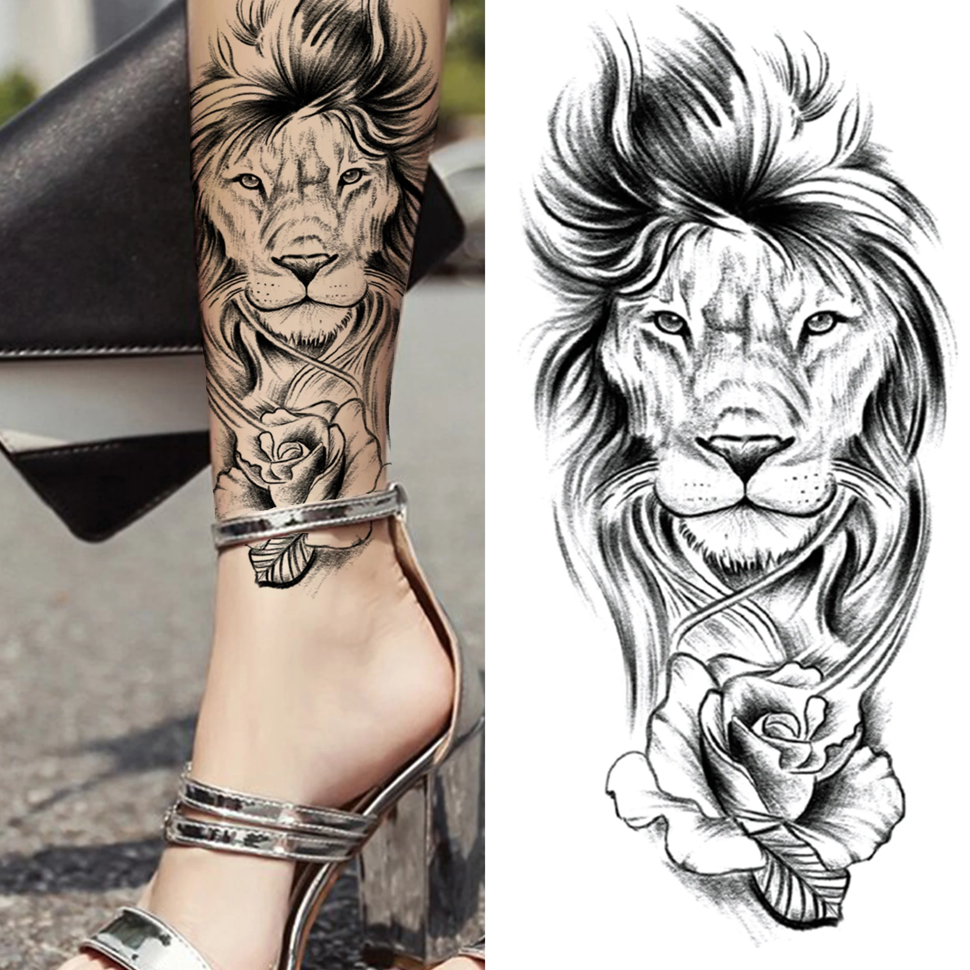 Rose Lion Temporary Tattoo For Women Men Adult Black God Flower Tattoos Sticker Fake Cross Crown Clock 3D Tatoos Transferable