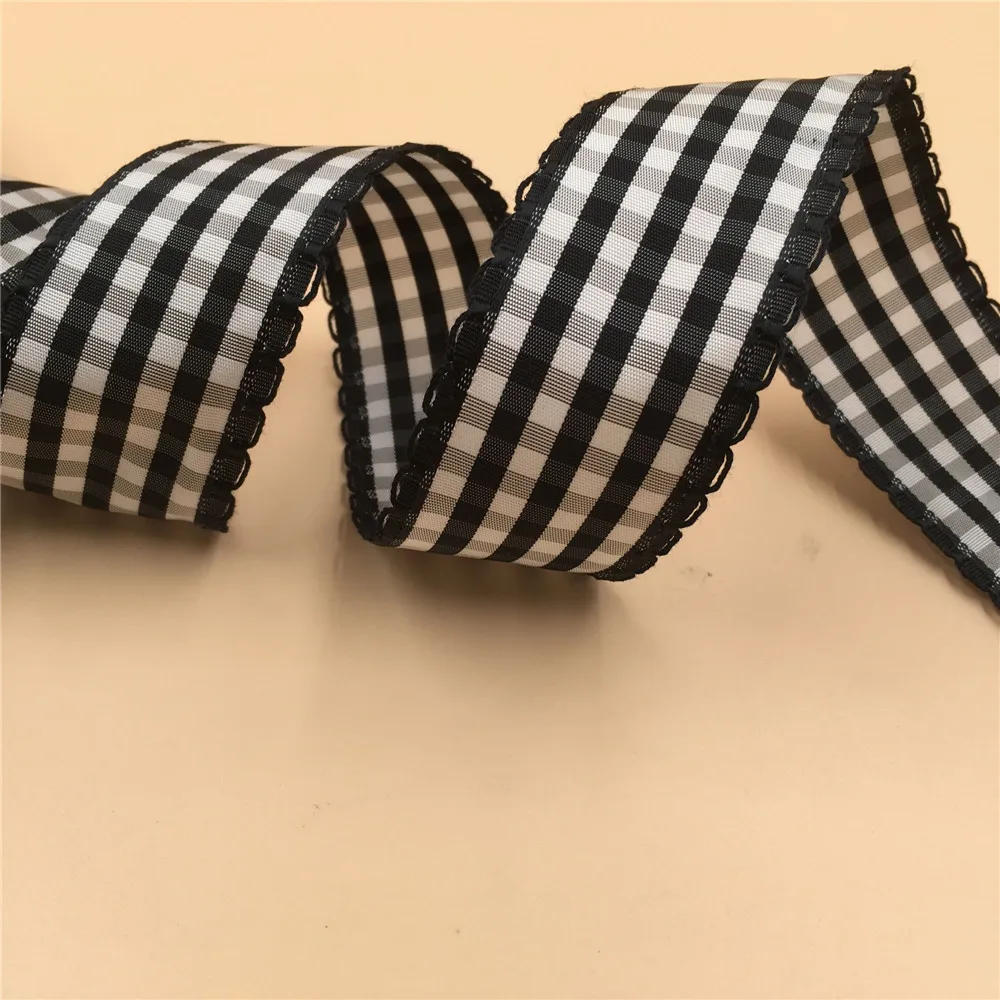 38MM 25yards Wired Edge Black Plaid Check  Ribbon  Foral Border  for Festival Christmas Decoration New Year Gift Wrapping