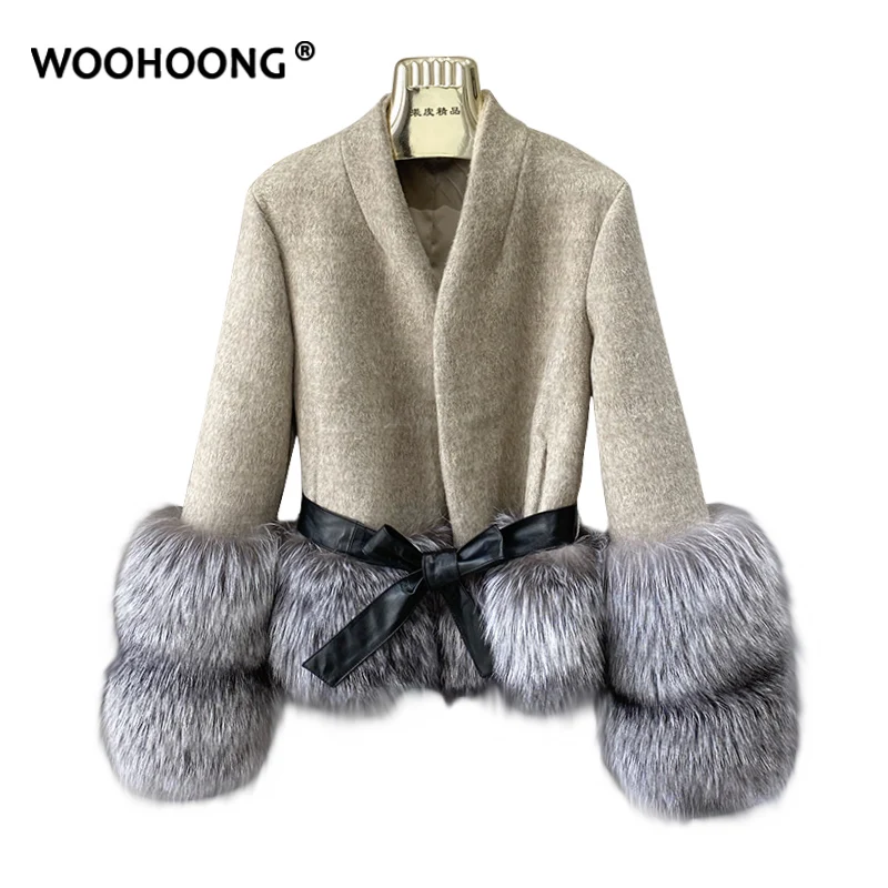 

Winter Real Fur Coat Women Short Silver Fox Women's Clothing Cashmere Wool Jacket Simple Fashion Fur Cuffs Luxurious