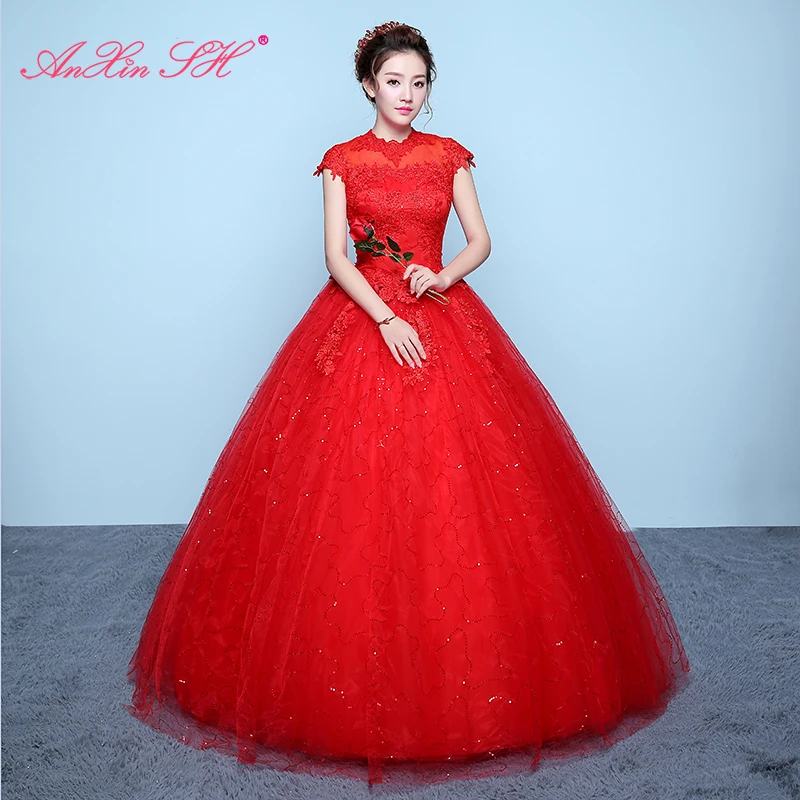 AnXin SH blume spitze rot hochzeit Kleid prinzessin vintage o neck illusion kristall blume spitze dubai braut weiß hochzeit kleid