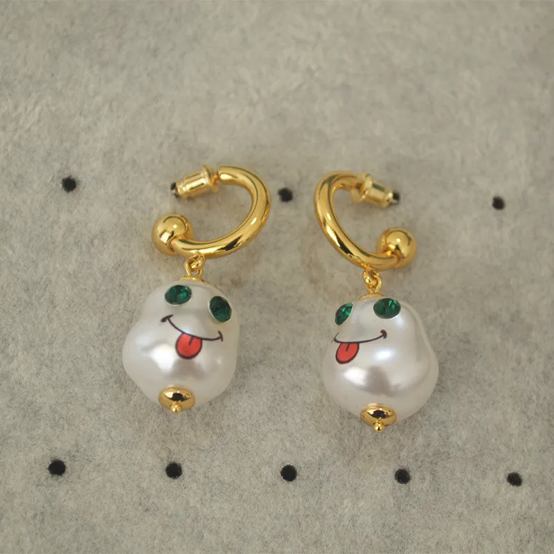 French Vintage Fashion Earrings Baroque Imitation Pearl Rose Cartoon Printing Drop Earrings For Women 925 Silver Needle Jewelry