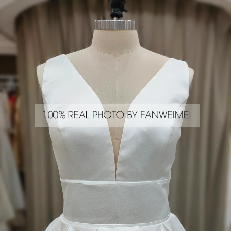 #9139 REAL PHOTOS BY FANWEIMEI Sleeveless V-Neck  Backless  A-Line Satin Wedding Dress Bridal Gowns