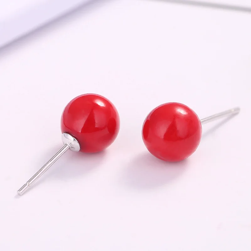 Buyee 925 Sterling Silver Simple Earring Red Bead Stone Sweet Earring for Woman Girl Fashion Sweet Fine Jewelry Earring