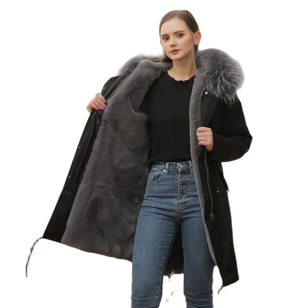 

Geniality Long Women&Men Winter Parka Grey Faux Fur Coat Ladies Fur Jacket With Raccoon Fur Collar