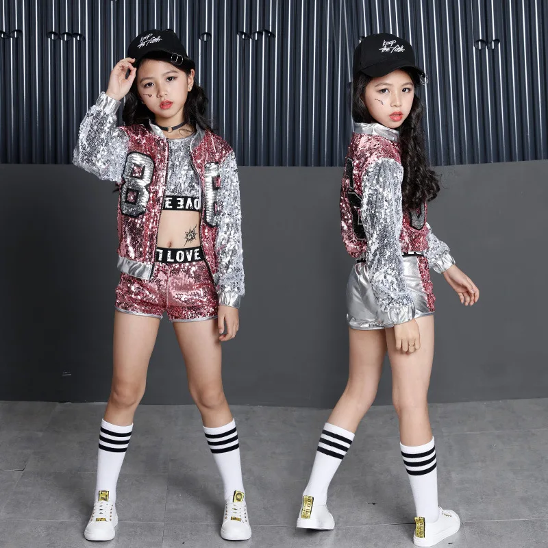 Kids Sequin Hip Hop Costumes Clothes for Girls Jazz Dance Costume Ballroom Dancing Jacket Crop Tops Shirt Shorts Streetwear