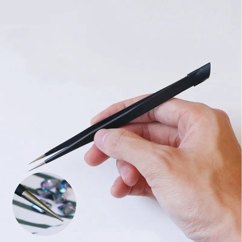Pinzette per unghie per sopracciglia con testa di pressatura in silicone per adesivi 3D Strass Raccoglitore di adesivi per acqua Strumento per unghie in metallo T0541