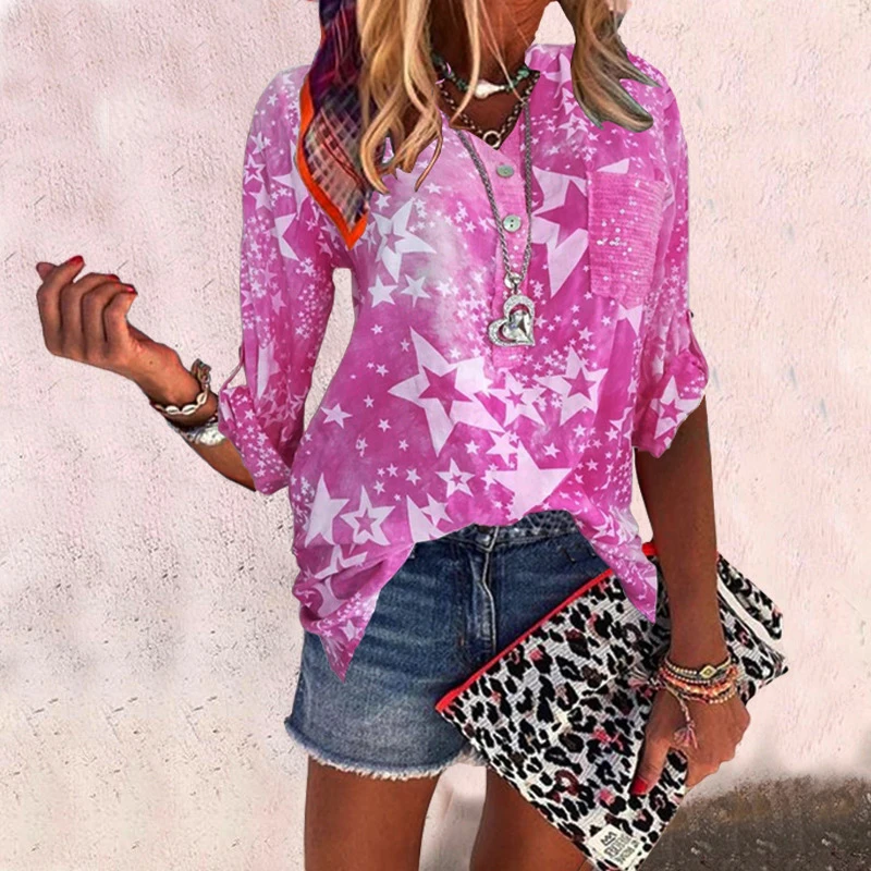 

Stars Print Spring Blouse Shirts Women Elegant Leisure Top New Fashion Pocket Button V Neck Long Sleeve Loose Women's Shirt