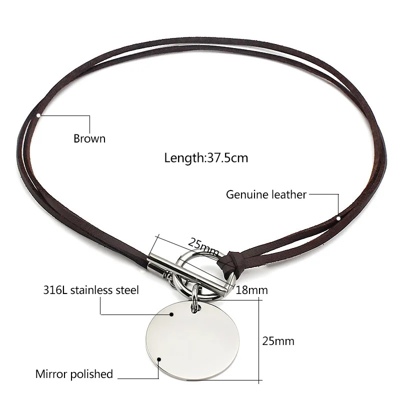 Women Genuine Leather Wax Cord Choker Necklace Stainless Steel Round Pendant Necklace Silver Color Lock Customed Name Necklace