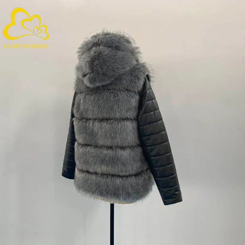 FANPUGUIZHEN Abrigo de piel sintética grueso y cálido de talla grande para mujer, chaqueta con capucha y cremallera, ropa de abrigo de invierno de manga larga extraíble