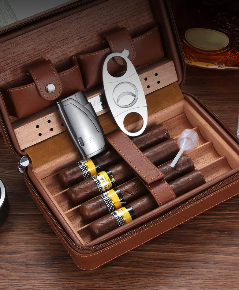 Cigar Supplies Portable Cedar Wood Cigar Humidor Box Travel Leather Cigar Case Storage 4 Cigars Box Humidor For Cohiba Cigar