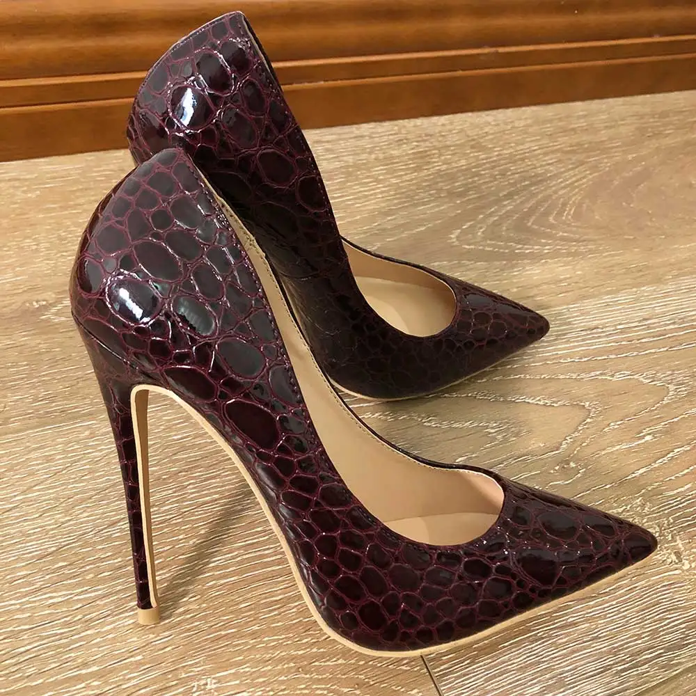 Tikicup Women Burgundy Crocodile-Effect Pointed Toe Stiletto Pumps Wine Red Slip On Extremely High Heels for Sexy Ladies 33-45