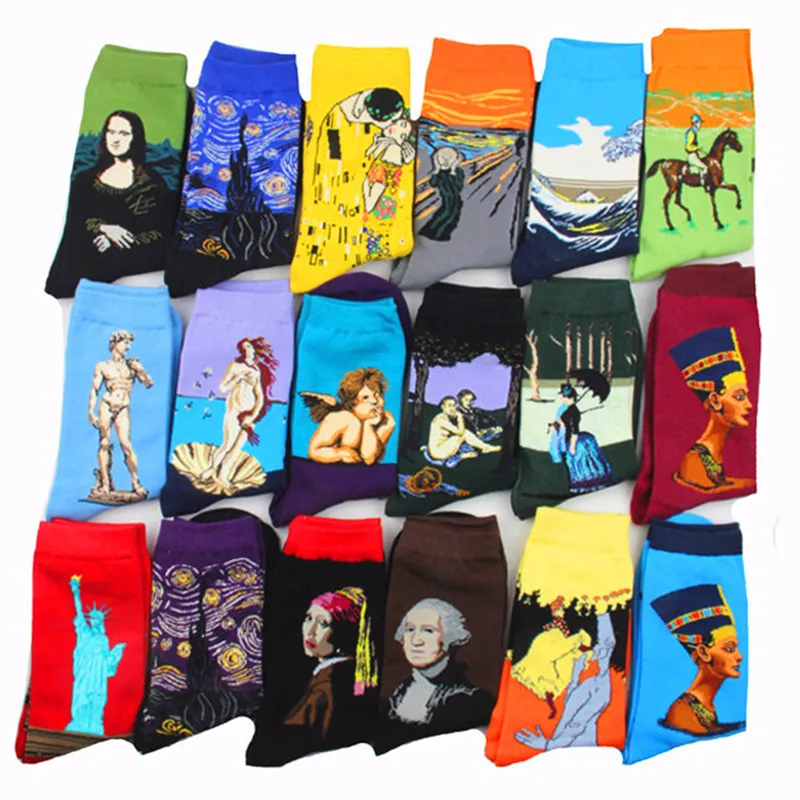 1 pair of popular men\'s and women\'s round neck socks fashion creative leisure funny Harajuku art abstract oil painting socks