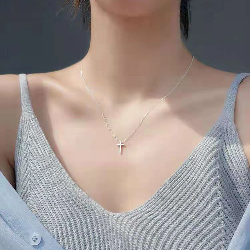 New 925 Sterling Silver Cute Cross Pendant Simple Necklace Female Clavicle Chain Fine Jewelry For Women Gift Wholesale