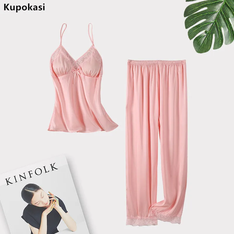 

Kupokasi Fashion Ice Slik 2pcs Women Pajamas Casual Nightwear Strap Sleepwear Female Solid color Summer Pyjama Homewear sexy pjs