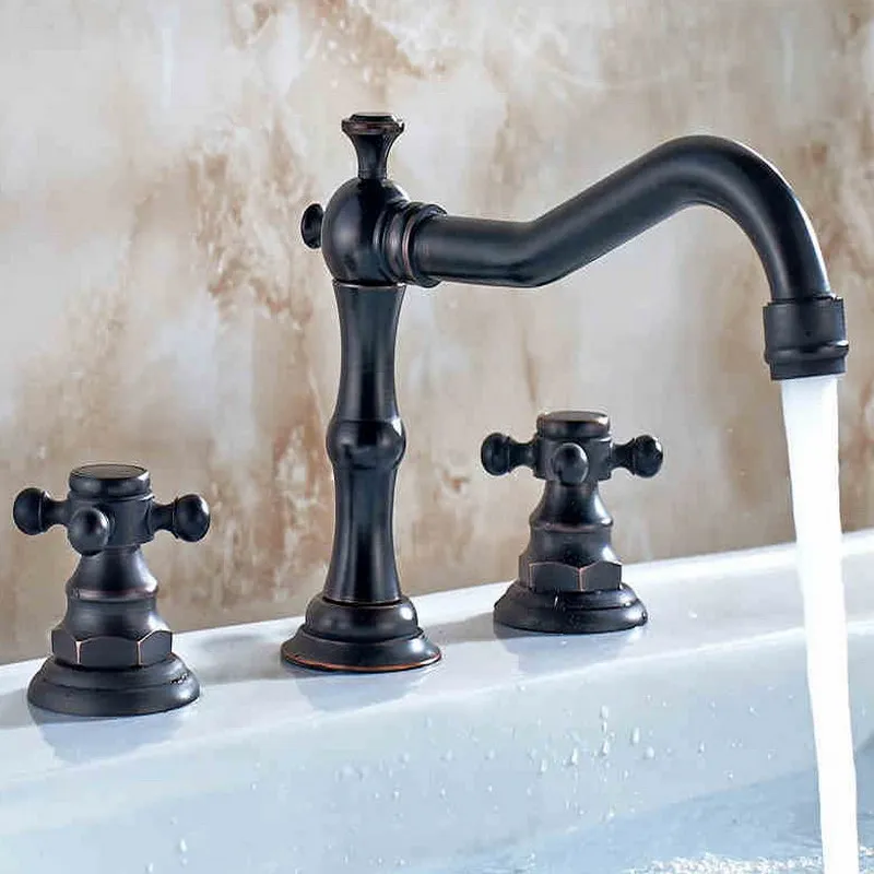 

Black Oil Rubbed Bronze Double Handles 3 Holes Install Widespread Deck Mounted Bathroom Sink Basin Faucet Sink Mixer Tap mhg004