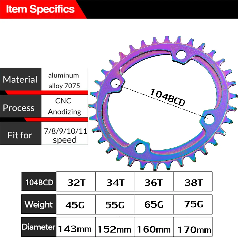 MOTSUV Bicycle Narrow Wide Chainring 104BCD electroplating colorful MTB 32T 34T 36T 38T Round Oval Positive negative Chainwheel