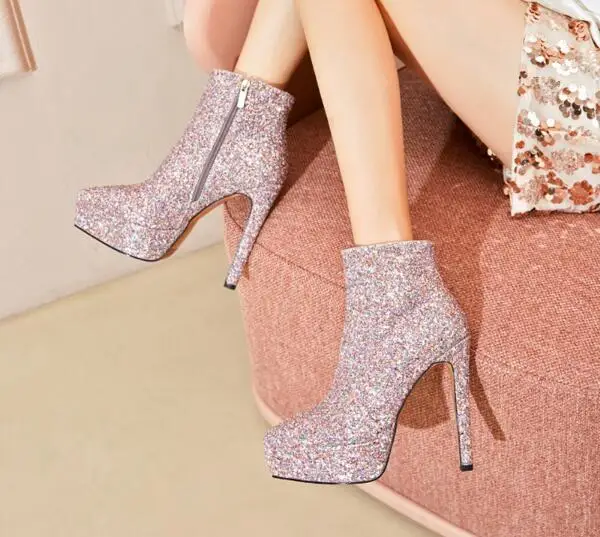 Amazing Pink Bling Sequined Glitter Luminous Platform Ankle Boots Woman Round Toe 130 mm Stiletto Heels Wedding Shoes Booties