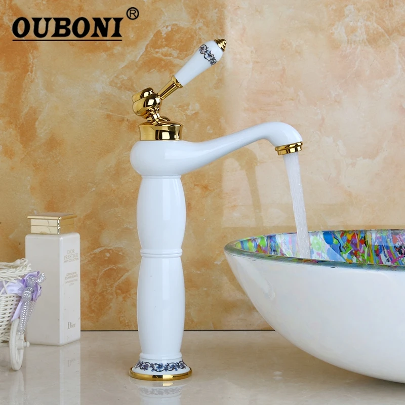 OUBONI White Painting Bathroom Basin Faucet Golden Ceramic Basin Sink Bathroom Deck Mount Single Hole Ceramic Faucet Mixer Tap