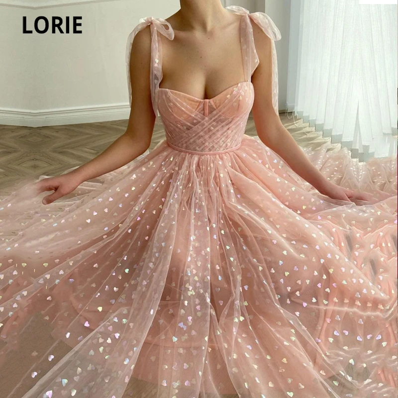 LORIE Shiny Fairy Prom Dresses Sweetheart Peach Tulle Tea Length Wedding Party Gown Short Graduation Robes de cocktail