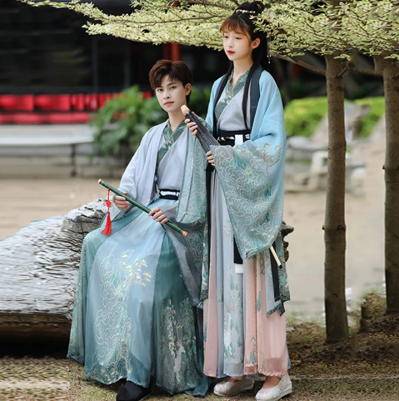 Hanfu Couples Chinese Ancient Vintage Hanfu Shoot Adult Carnival Cosplay Costume Green&Gray 3 Pcs Hanfu Outfit For Men&Women