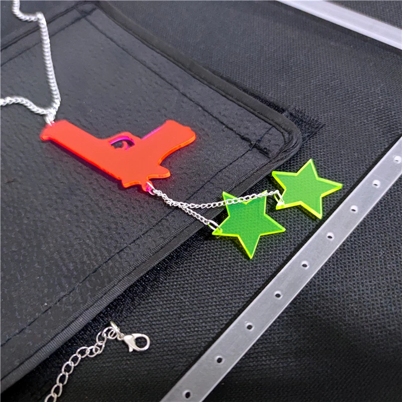 Gun And Stars Super Long Pendant Necklace for Women Men Tassel Silver Color Link Chain Hot Pink Green Punk Rock Acrylic Jewelry