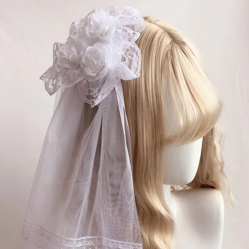 Japanischen Lolita Haar Zubehör Rose Haarnadel Spitze Schleier Seite Clip Lolita Schleier