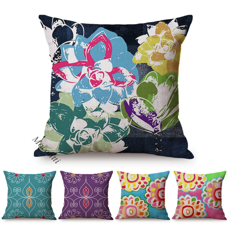 Hand Painted Water Color Flowers Sofa Decoration Cushion Cover Bohemia Style Cotton Linen Room Bed Throw Pillow Case cojines