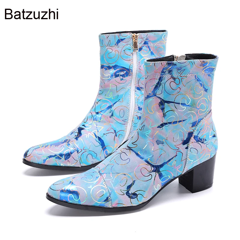 Batzuzhi 7.5cm Heels Personality Men's Genuine Leather Ankle Boots for Party and Wedding Blue Boots Men