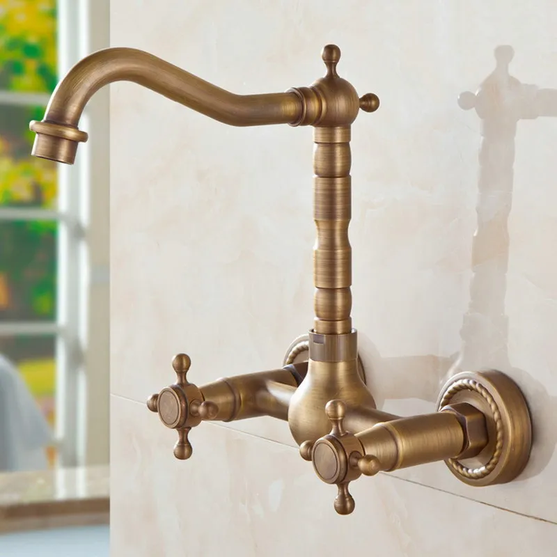 Cổ điển Retro Antique Brass Treo Tường Dual Cross Tay Cầm Xoay Bếp Phòng Tắm Chậu Basin Vòi Mixer Tap aan024