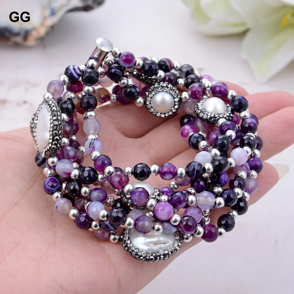 GuaiGuai Jewelry 8'' 7 Strands Pearl Purple Agate Natural White Pearl Black CZ Paved Bracelet For Women