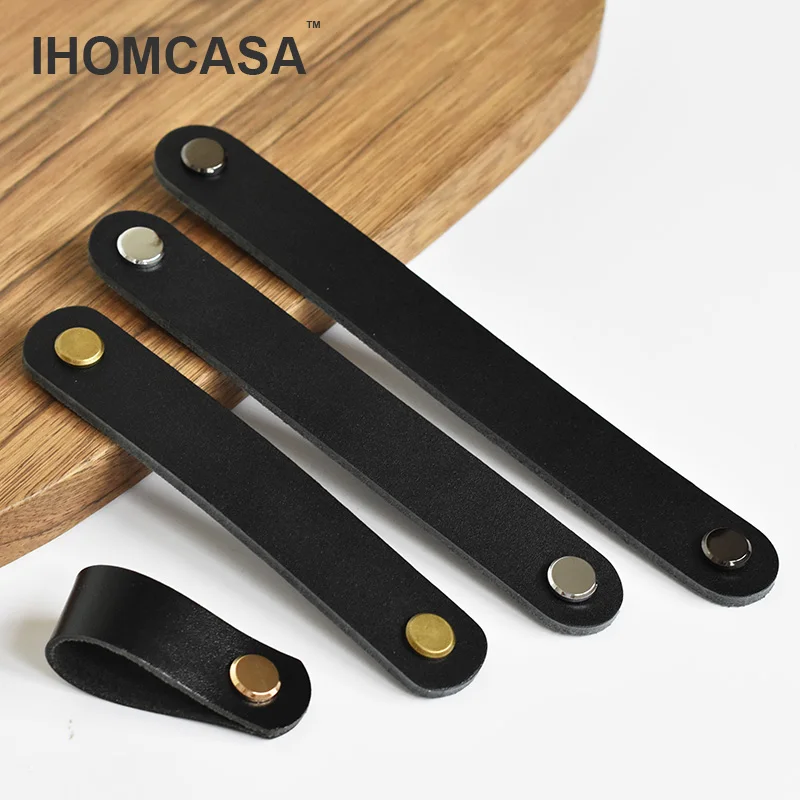 IHOMCASA Black Leather Knobs  Cupboard Shoe Cabinet Cowhide Pulls Handle American Style Furniture Wardrobe Drawer Door Knob