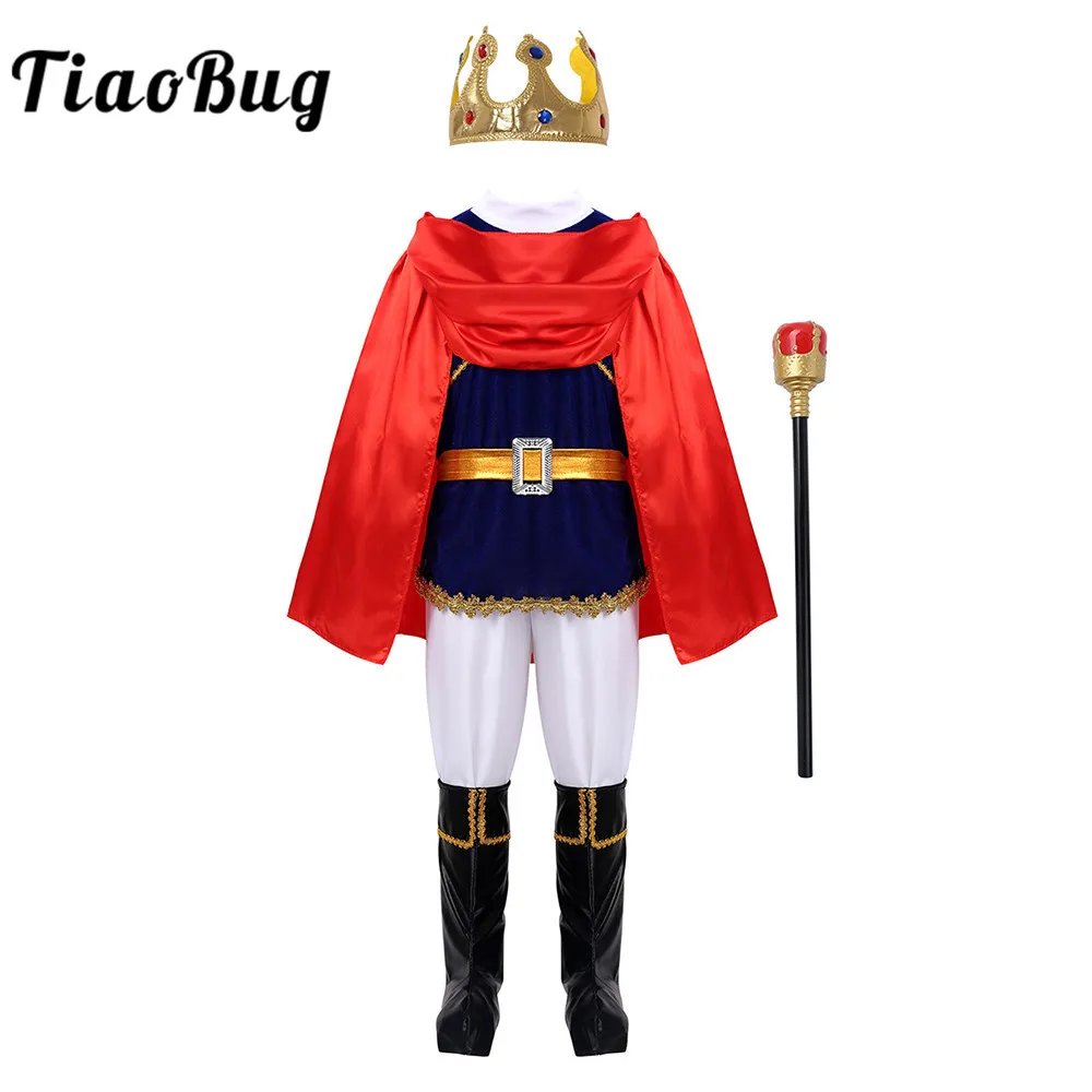 TiaoBug Kids Medieval Prince Costume Tops with Pants Belt Cloak Scepter Shoe Covers Set Boys Halloween Cosplay Party Dress Up