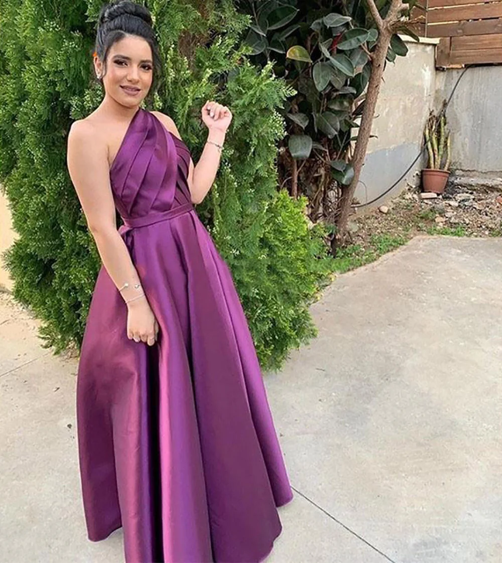 

A Line Satin New Lace up One-Shoulder Evening Dresses Girls Pageant Sleeveless Prom Party Gown Custom Formal Dress NONE Train