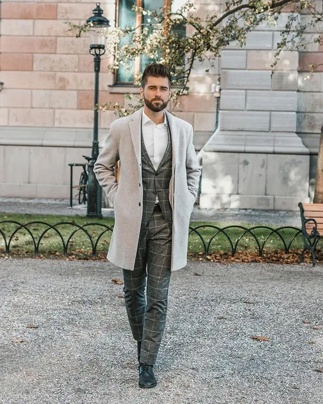 Costume gris pour marié, Tuxedos à revers crissé, Slim, Blazer à carreaux, veste deux pièces, pantalon sur mesure, 2020