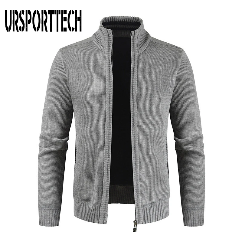 URSPORTTECH Knitted Cardigan Sweater Men Fleece Jackets Casual Stand Collar Male Coats Zipper Men Knitting Sweater Plus Size