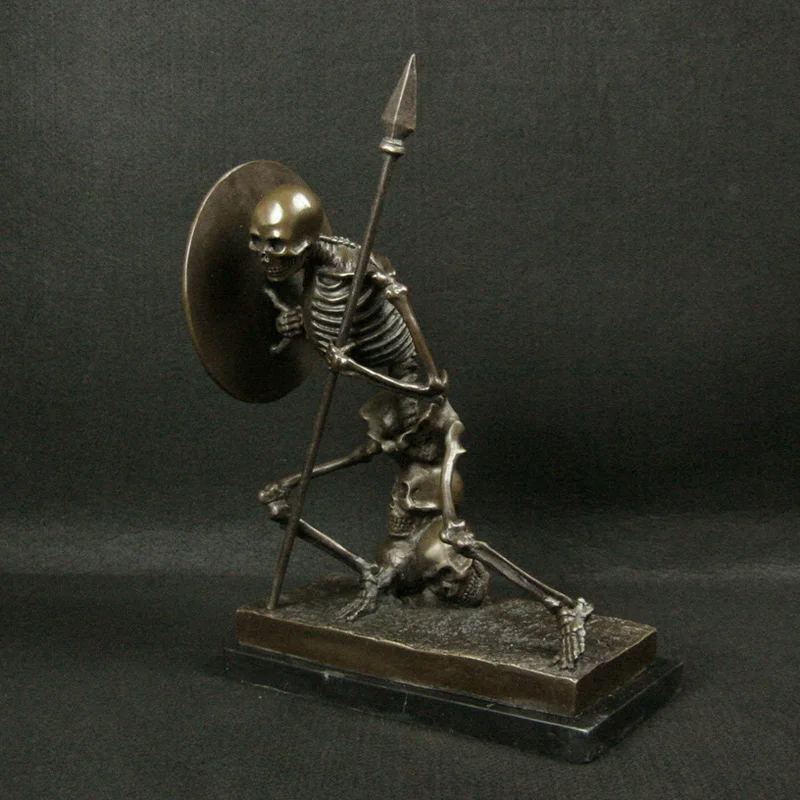 Bronze Sculpture Abstract Skeleton Warrior with Spear and Shield Statue Collectible Figurine Art Home Decor