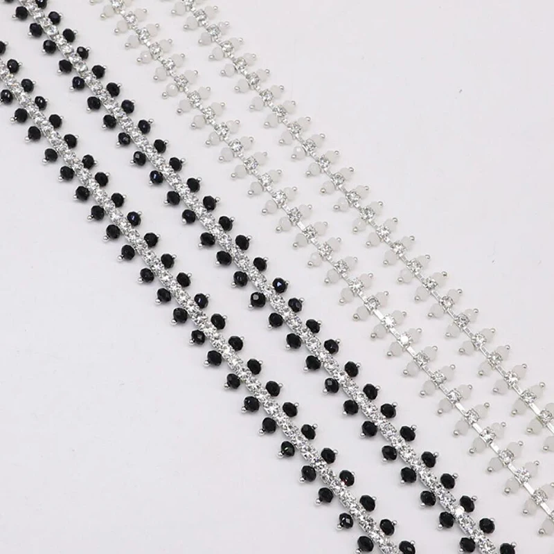 11Yards Black White Beads Crystal Rhinestone Trims Close Chain Silver Jewelry Craft DIY Accessories