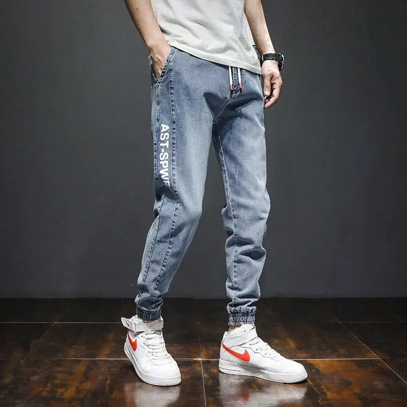 Vintage Jeans For Men Cargo Pants Loose Harem Pants Ankle Banded Casual Trousers Hip Hop Streetwear Stretch Joggers Blue Black