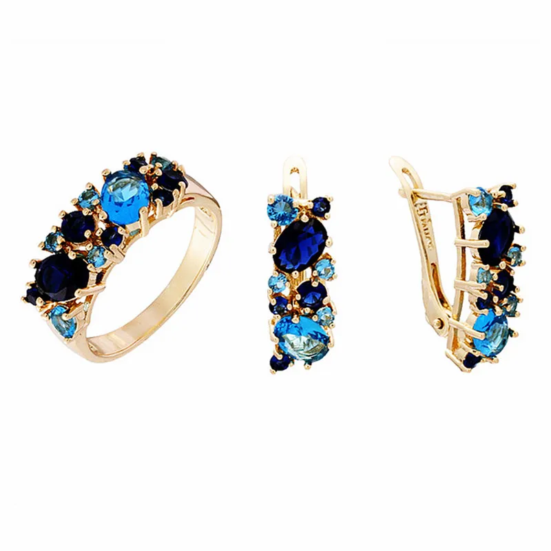 Fashion New Jewelry Set 585 Rose Gold Color Women Jewelry Luxury Blue Cubic Stone  Ring /Earring Jewelry Sets