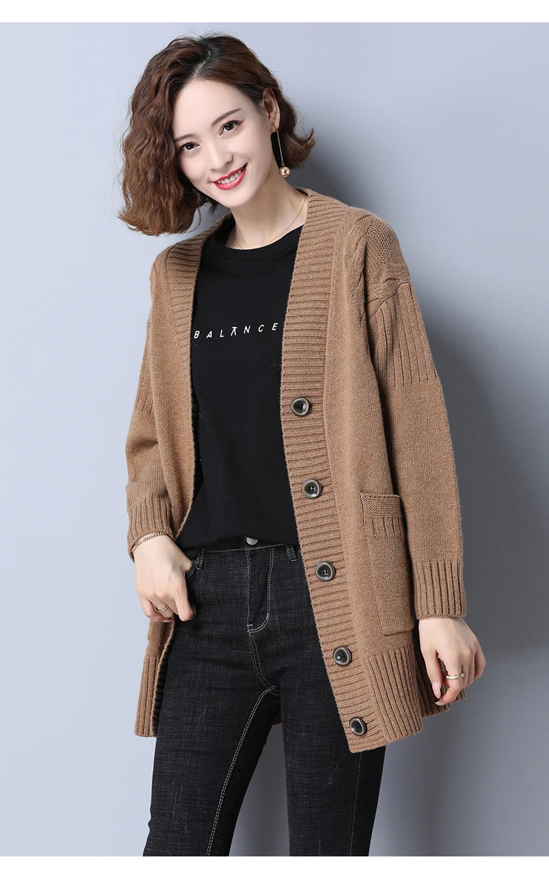 Fdfklak New Fall Winter Long Sleeve Loose Wool Sweater Women\'s Knitted Cardigan Button Single-Breasted Sweater Pull Femme