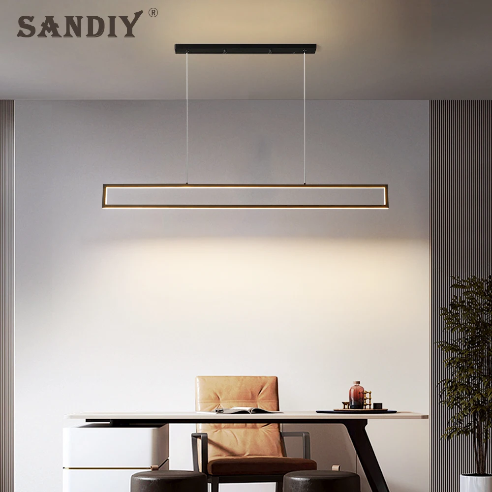 Imagem -03 - Sandiy Lustre Moderno e Minimalista para Sala de Jantar Lâmpada Pendente de Led para Mesa de Jantar Restaurante Café Bar Escritório Luzes Suspensas Lâmpada Pendente Linear de Faixa Longa Preta 110v 120v 130v 220v 230