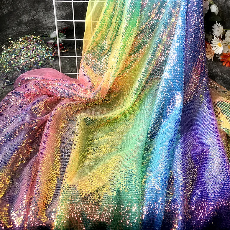 Color Rainbow Super Shingle Special Material Sequin Fish Scale Fabric Drape Wedding Dress Fabric