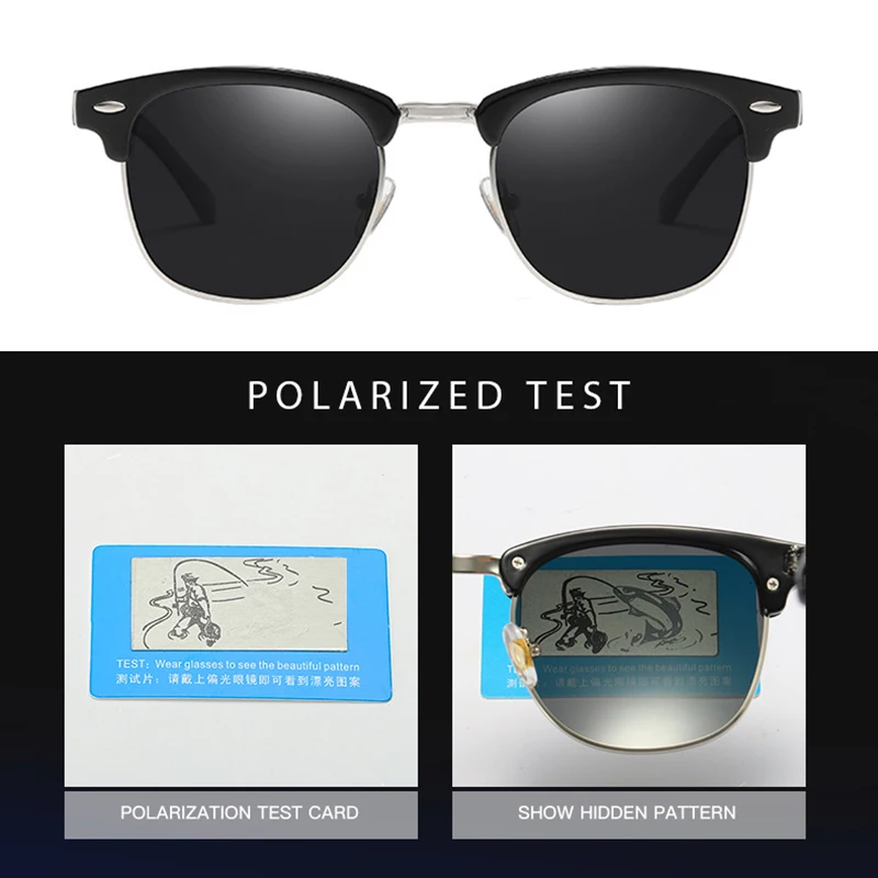 Lunettes de soleil polarisées classiques demi-monture pour hommes et femmes, petites lunettes de soleil à rivets rétro, nuances de logie anti-absorbe ouissement, noir populaire