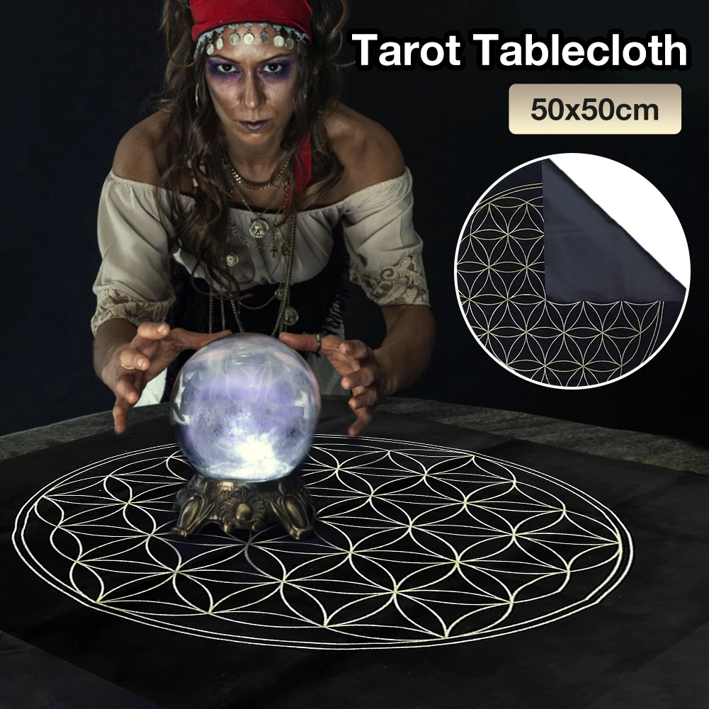 Tarot Card Tablecloth The Flower Of Life Crystal Lattice Pendulum Magic Pentacle Runes Tarot Altar Table Cloth Flannel 50X50cm