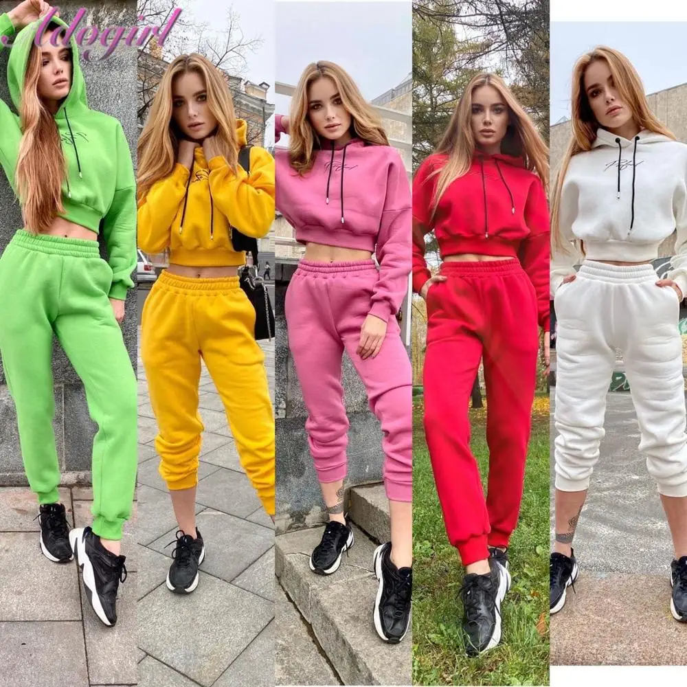 Fitness Solid Two Piece Sets Casual Letter Print Long Sleeve Warm Corp Tops Hoodies Legging Sweatpants Outfit Joggers Tracksuit