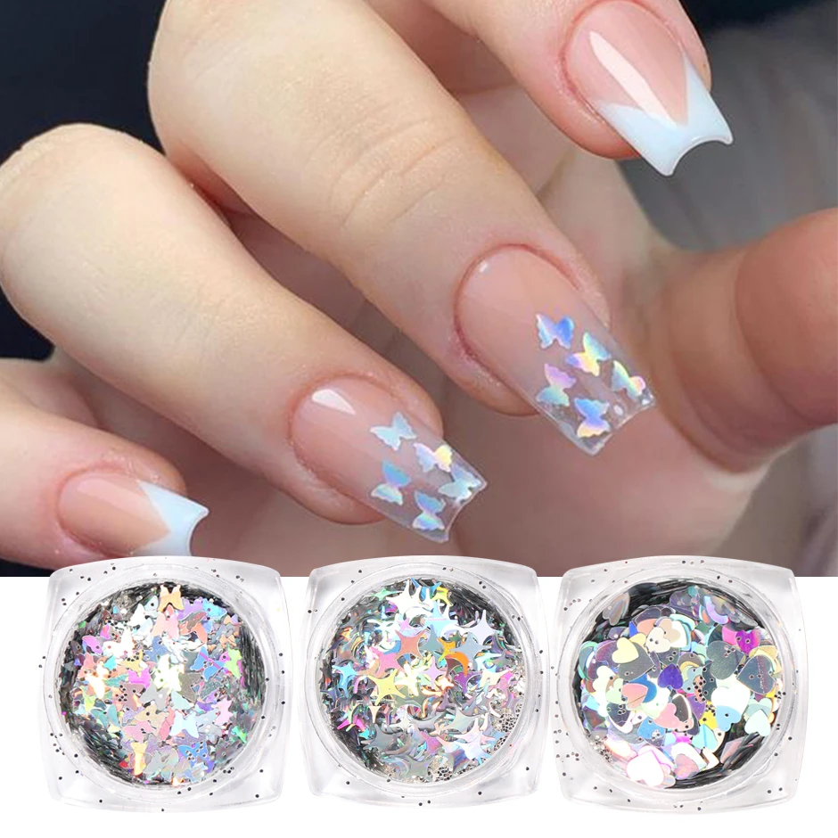 Purpurina holográfica para uñas, copos de lentejuelas de mariposa, espejo brillante, corazón, estrella, Aurora, diseño de decoración 3D, GLHB01-04