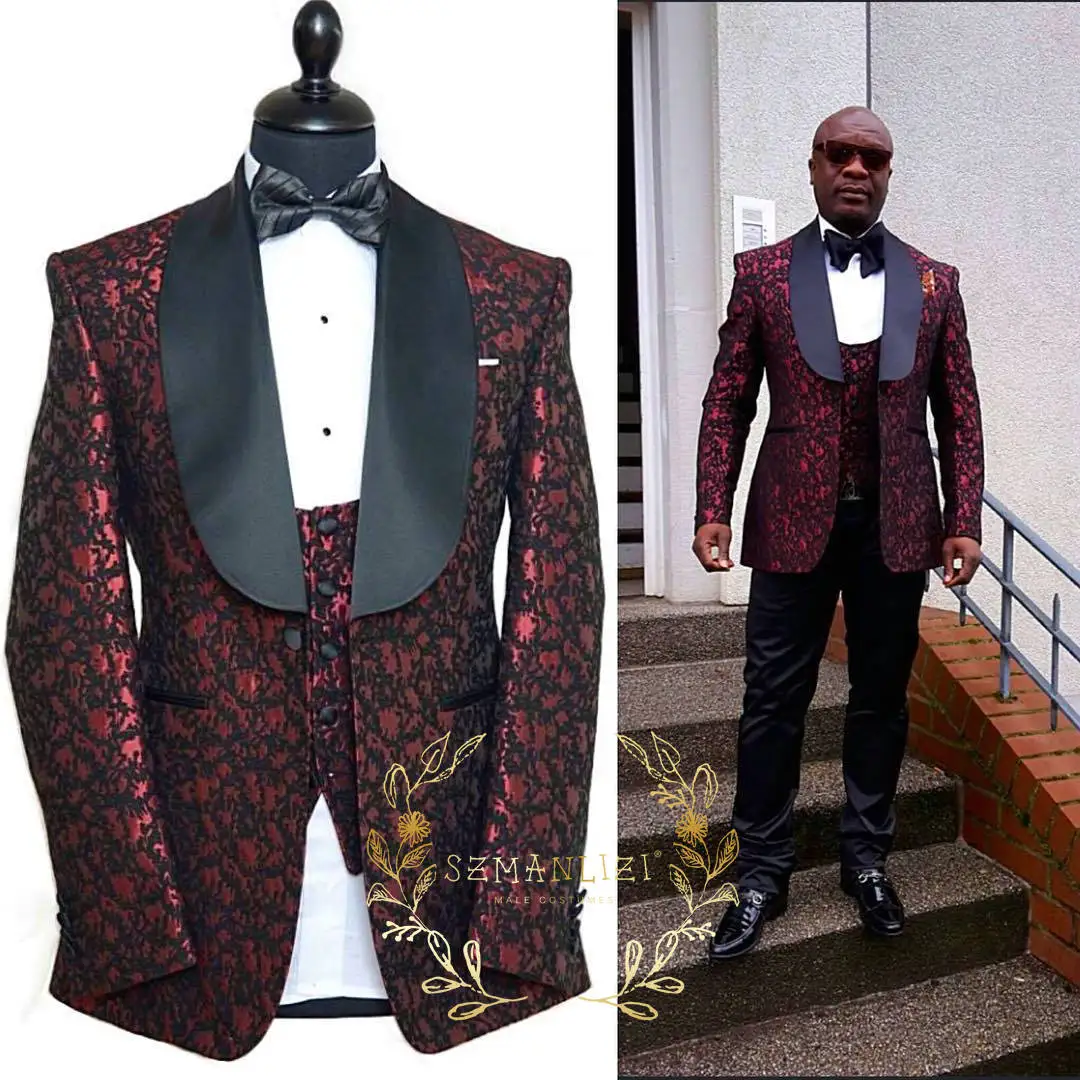 

SZMANLIZI MALE COSTUMES 2022 Men Suits Formal Groom Pattern Burgundy Suit Slim Fit Party Prom Mens Tuxedo Wedding Suit For Men