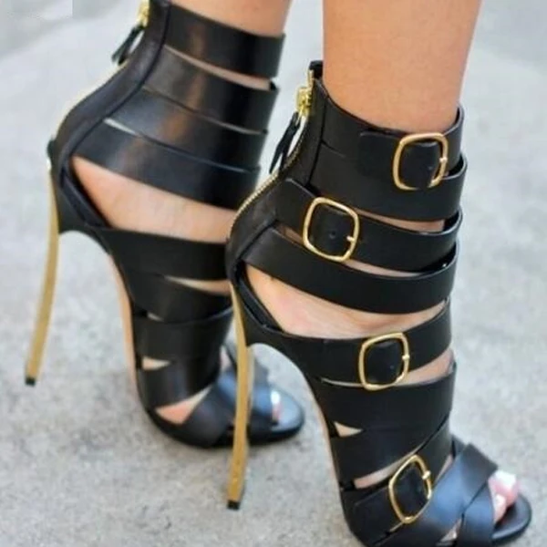 

Sexy Ladies Strappy Gold Buckle Sandals Boots Women Metal High Heel Peep Toe Cutout Ankle Boots Mujer Summer Shoes Woma