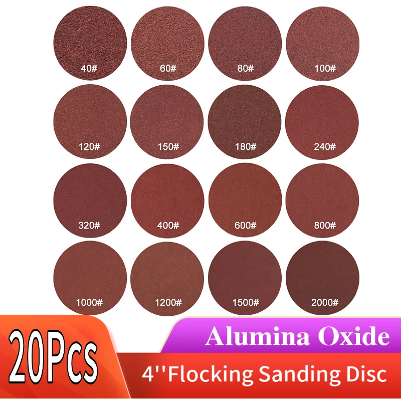 

20PCS 4 Inch 100MM Flocking Sanding Sheets Sanding Disc Dry Grinding Sandpaper Abrasive Paper 60 to 1200 Grits Hook Loop